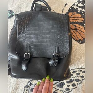 Black Croc-Embossed Leather Backpack